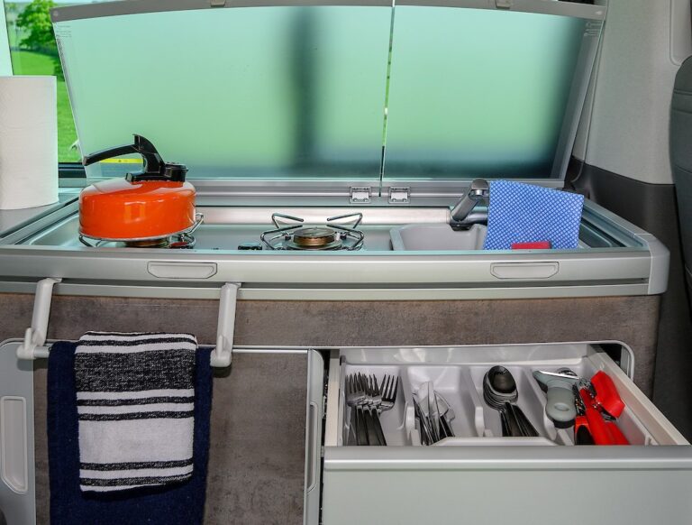 Fully equipped kitchen VW California Ocean Four Seasons Campers Campervan Hire Scotland